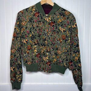 Atelier Sab Retro Floral Reversible Bomber Jacket Ribbed Trim Green Purple